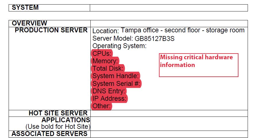 Example of bad IT disaster Planning: Missing critical hardware information